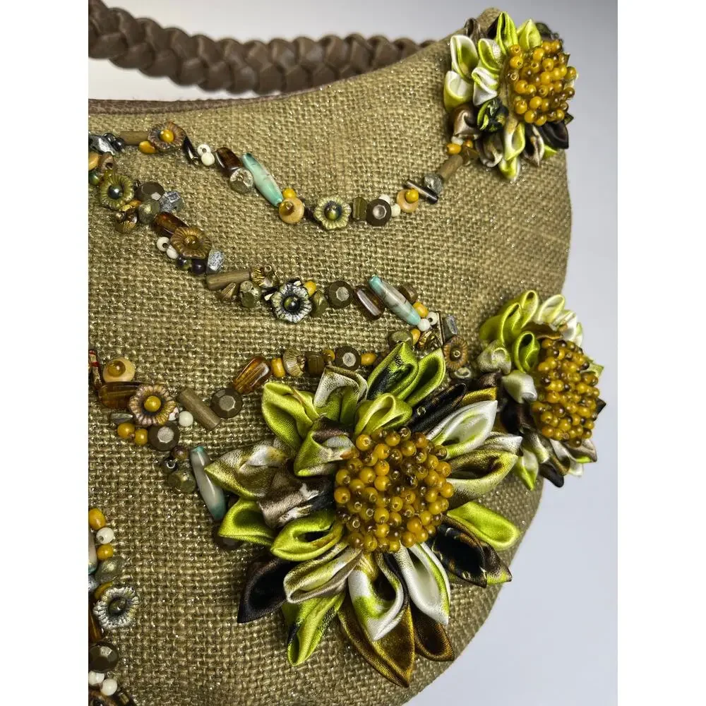 Mary Frances olive green burlap hobo bag floral embellished beaded art to wear